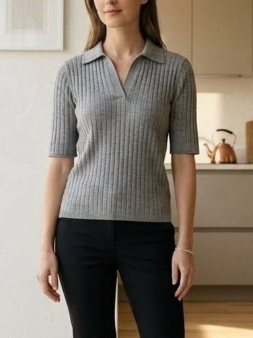 Haven Well Within Women's Gray Ribbed Knit Collared Short Sleeve Sweater L